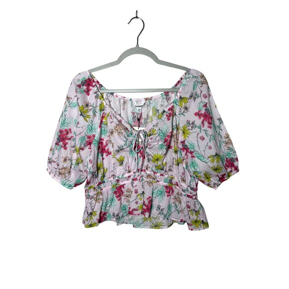 NWT Steve Madden Women's Size XL Pink Floral Puff Sleeve Babydoll Keyhole Shirt - Picture 1 of 3